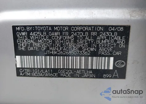 2008 Lexus Is 250 from USA, damaged, VIN JTHBK262685073362